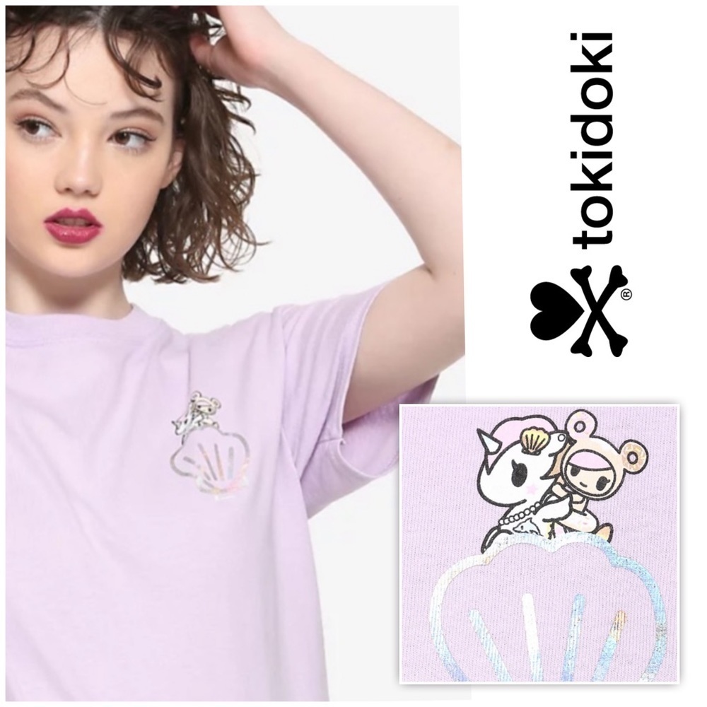 🦄 Tokidoki Pastel Purple Holographic Holo Shell Mermicorno Graphic Tee T-Shirt